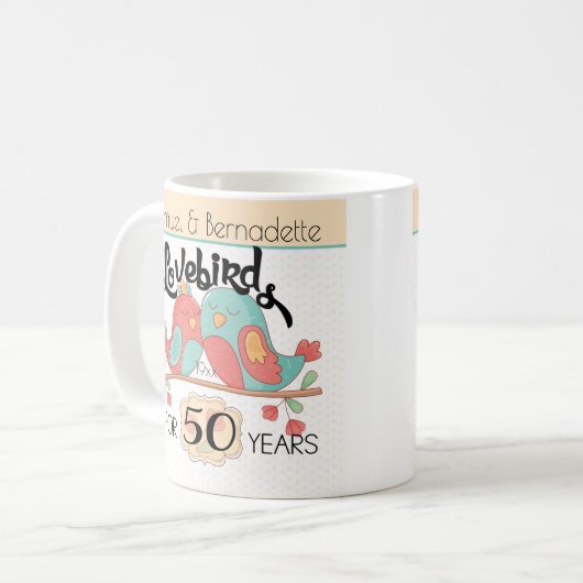 50. HochzeitstagLovebirds kundenspezifisch Kaffeetasse (Vorderseite Links)