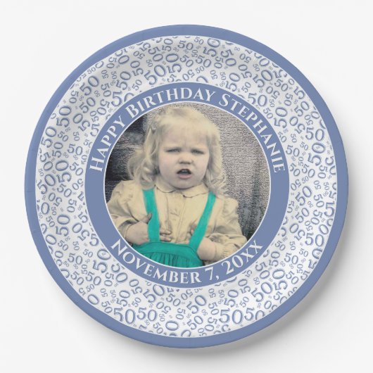 50 Ihr Foto Random Number Pattern Blau/Weiß Pappteller (Vorderseite)