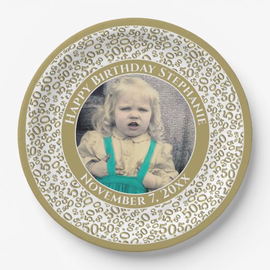 50 Ihr Foto Random Number Pattern Gold/Weiß Pappteller (Vorderseite)