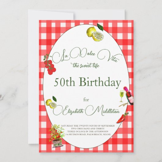 50. italienisches Thema Lemon Red White Botanical Einladung (Vorderseite)