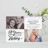 50 Jahre 2 Fotos Lila Confetti Einladung (Stehend Vorderseite)