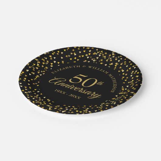 50 Jahre Black Gold Liebe Hört Confetti Pappteller (Schrägansicht)