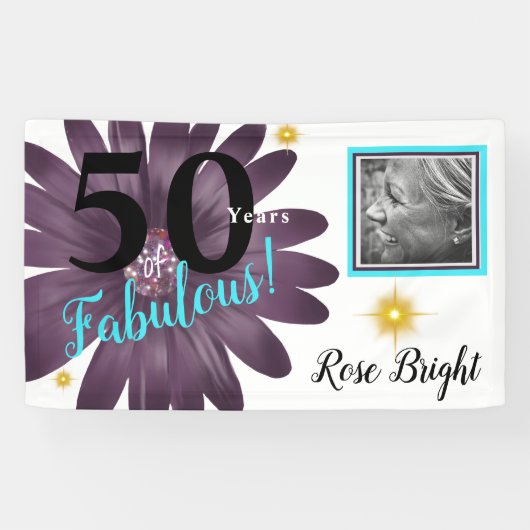 50 Jahre Fabulous, lila Sommerzeit auf Weiß Banner (Horizontal)