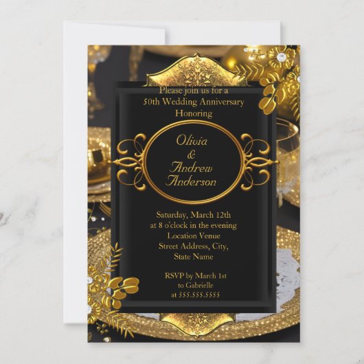 50 Jahre Gold Black Diamond Dinner Party Einladung (Vorderseite)