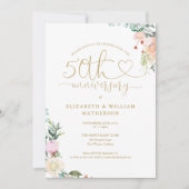 50 Jahre Gold Heart Floral Foto Einladung (Vorderseite)