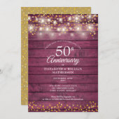 50 Jahre Gold Hearts String Lights Rustikal Einladung (Vorne/Hinten)
