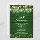 50 Jahre Gold Hearts String Lights Wood Einladung (Vorderseite)