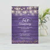 50 Jahre Gold Hearts String Lights Wood Einladung (Stehend Vorderseite)