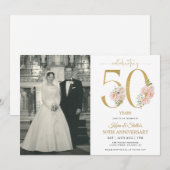 50 Jahre Gold und Rosa Blüten Einladung (Vorne/Hinten)