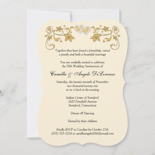 50 Jahre Jubiläum Joined Hearts, Black Ivory Gold Einladung (Rückseite)