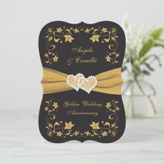 50 Jahre Jubiläum Joined Hearts, Black Ivory Gold Einladung (Stehend Vorderseite)