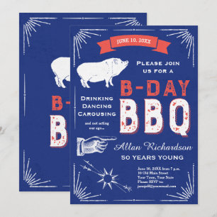 50 Jahre junge Retro-Rot-Weiß-Blau-BBQ-Party Einladung