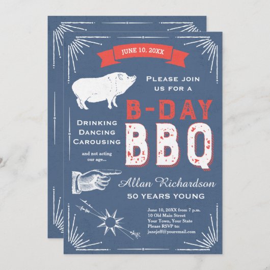 50 Jahre junges Retro Red White and Blue GRILLEN P Einladung (Vorne/Hinten)