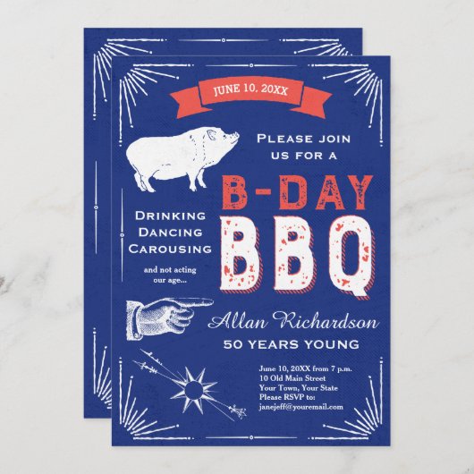 50 Jahre junges Retro Red White and Blue GRILLEN P Einladung (Vorne/Hinten)