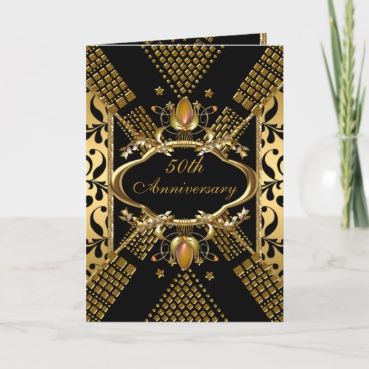 50 Jahre Party Gold Black Damask Deko Einladung (Vorderseite)