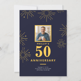 50 Jahre Party Navy Blue Gold Fireworks Einladung