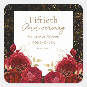 50 Jahre Red Gold Floral Quadratischer Aufkleber