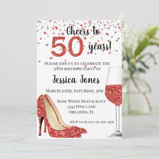 50 Jahre Roter Glitzer Heels Einladung (Stehend Vorderseite)