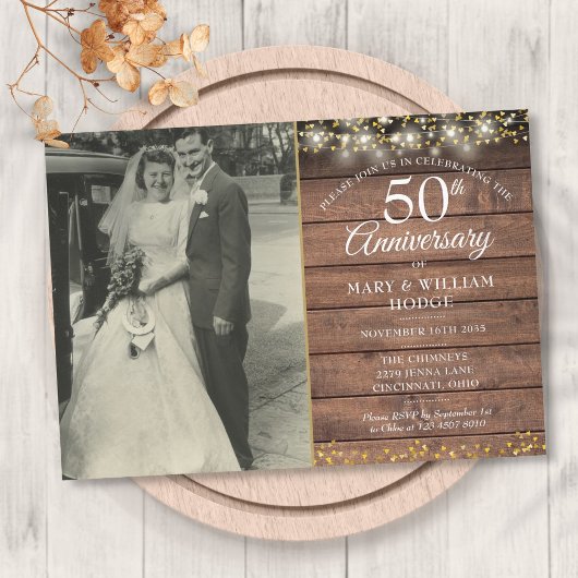 50 Jahre Rustikales Gold Hearts Wedding Foto Einladung
