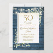 50 Jahre String Lights Blue Wood Greenery Einladung (Vorderseite)