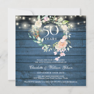 50 Jahre String Lights Floral Blue Rustic Einladung