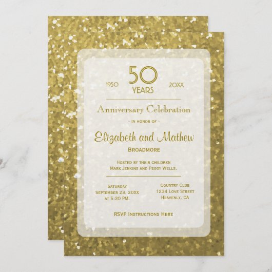 50. Jahrestag | Gold-Glitzer Einladung (Vorne/Hinten)