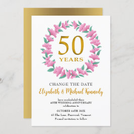 50. Jahrestag Golden Pink Floral Change Datum Einladung