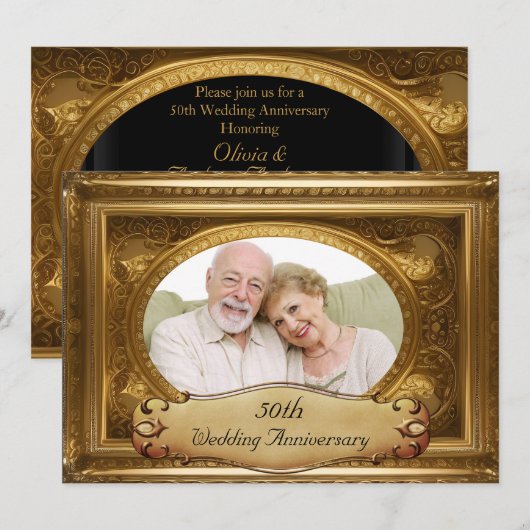 50-jähriges Gold Verziert Antique Frame Foto Einladung (Vorne/Hinten)