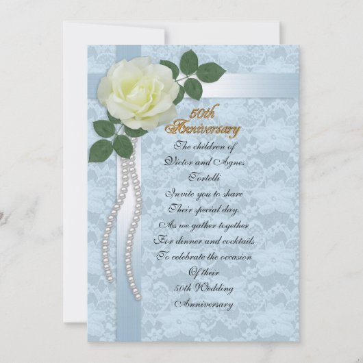 50-jähriges Party für Eltern blauer Spitze, Rose Einladung (Vorderseite)