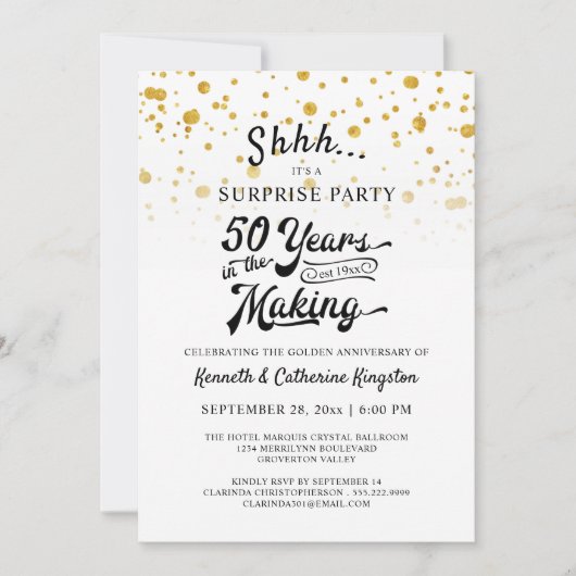 50-jähriges Überraschungs-Party Gold Confetti Einladung (Vorderseite)
