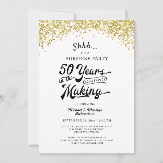 50-jähriges Überraschungs-Party Gold Confetti Einladung (Vorderseite)