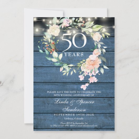 50. Jubiläum Blaue Rustikale Blumenstrauß Save The Date (Vorderseite)