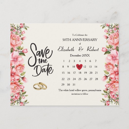 50. Jubiläum Blumenkalender Datum Ankündigungspostkarte (Vorderseite)