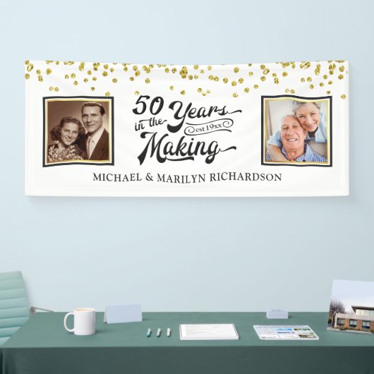 50 Jubiläum Dann & Jetzt Fotos Gold Confetti Banner (Messe)