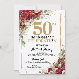 50. Jubiläum Deep Red & Gold Frame Rosen Einladung