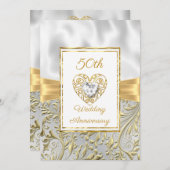 50. Jubiläum Diamant Heart Gold Bow Floral Einladung (Vorne/Hinten)