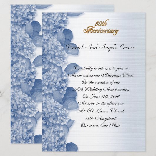 50. Jubiläum Einladung blauer Hydrangea (Vorne/Hinten)