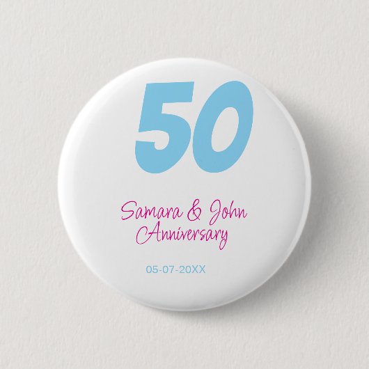 50. Jubiläum fett blau rosa Name Datum elegant Button (Vorderseite)