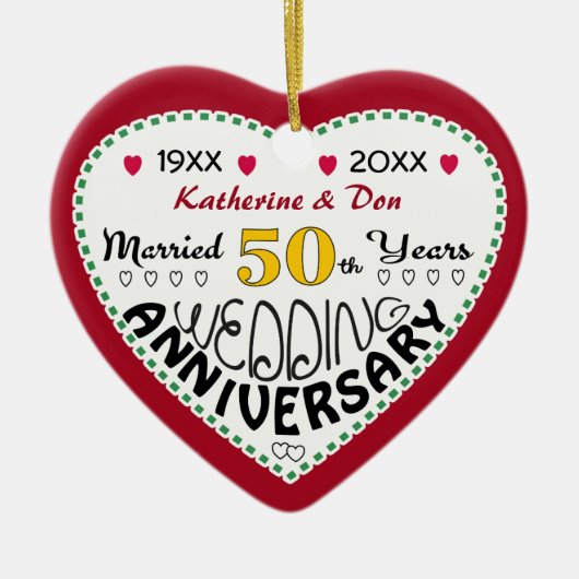 50. Jubiläum Geschenk Herz Gestalt Weihnachten Keramik Ornament (Vorne)