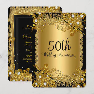 50. Jubiläum Goldene Schwarze Diamant Blumenwirbel Einladung