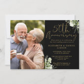 50. Jubiläum Greenery Black and Gold Foto Einladung (Vorderseite)