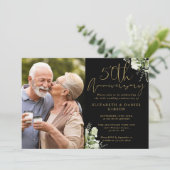 50. Jubiläum Greenery Black and Gold Foto Einladung (Stehend Vorderseite)
