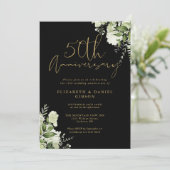 50. Jubiläum Greenery Black and Gold Foto Einladung (Stehend Vorderseite)