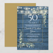 50. Jubiläum Grün String Lights Blue Wood Einladung (Vorne/Hinten)