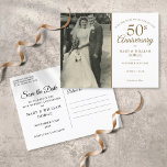 50. Jubiläum Hochzeit Foto Save the Date Ankündigungspostkarte<br><div class="desc">Personalisieren Sie Ihre Lieblings-Hochzeitsfeier mit Ihrem 50. goldenen Hochzeitsjubiläum Details in eleganter Goldtypografie. Auf der Rückseite befinden sich Ihre zusätzlichen Details und die Postkartenrückgabe. Entwickelt von Thisisnotme©</div>