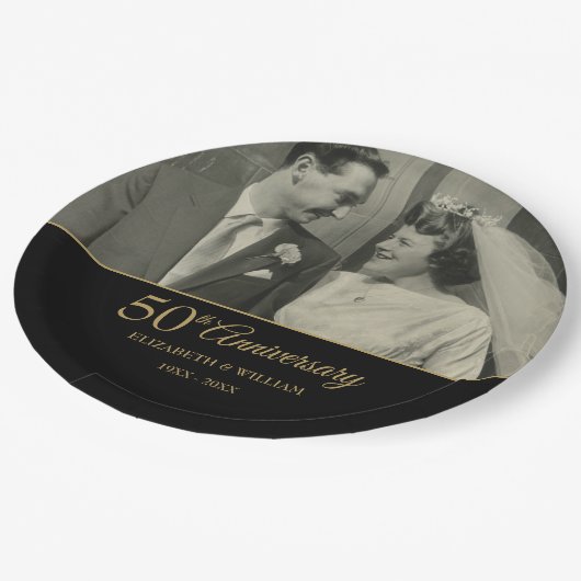 50. Jubiläum Hochzeit Gold Black Foto Pappteller (Schrägansicht)