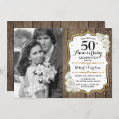 50. Jubiläum mit Foto - Holz Gold Weiß Einladung (Vorne/Hinten)
