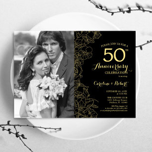 50. Jubiläum mit Foto - Schwarz-Gold-Blumen Einladung