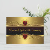 50. Jubiläum Party Schwarzes Gold Rotes Herz Einladung (Stehend Vorderseite)