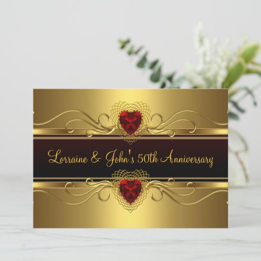 50. Jubiläum Party Schwarzes Gold Rotes Herz Einladung (Stehend Vorderseite)
